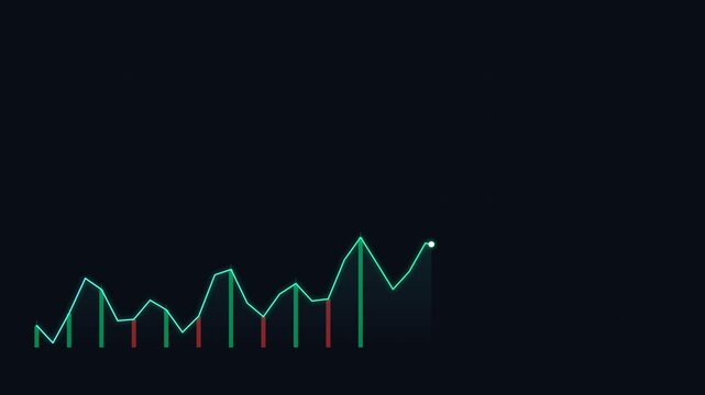 Minimalist blue line chart with green bars on a stark black background