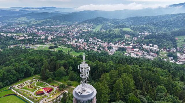 Flight over Parkowa mount (Gora Parkowa) in Krynica Zdroj spa town, Poland