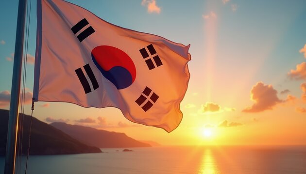 South Korean flag waves against a bright ocean sunset sky. The Taegeuk symbol and trigrams are clear on the white banner. Coastal hills are visible on the horizon.