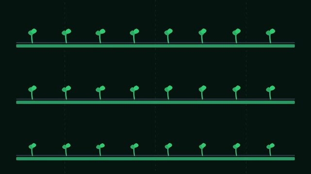 Minimalist illustration of green plant sprouts growing in uniform rows
