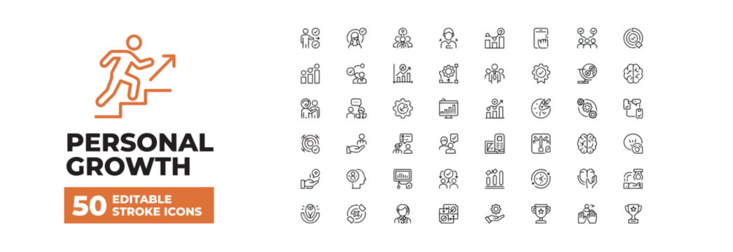 Fifty editable stroke icons for personal growth and career success in a clean vector format