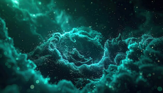 A mesmerizing 3D render depicts a swirling vortex of turquoise nebulous clouds filled with sparkling dust and bokeh lights.