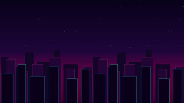 Minimalist night skyline silhouette with soft glowing neon architectural lines