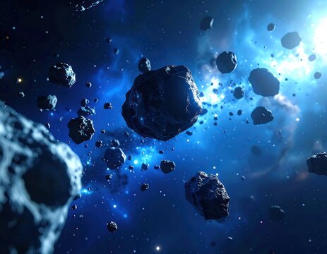 A dense field of asteroids drifts through a vibrant blue nebula with distant stars and a bright light source.