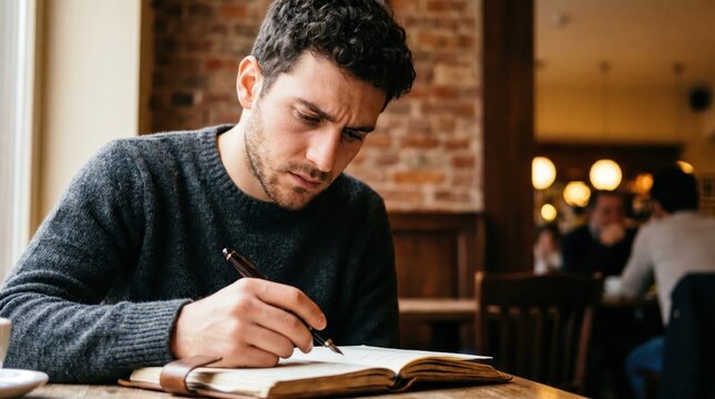 Generative AI, Focused young man writing in journal with fountain pen at a cafe