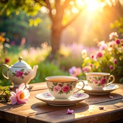 Fototapeta premium A serene garden tea setting bathed in warm, golden sunlight.