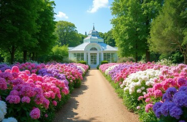 Obraz premium Orangery building with dome roof in green park. Path leads through vibrant pink purple white flower beds. Rich trees form garden background on sunny day.