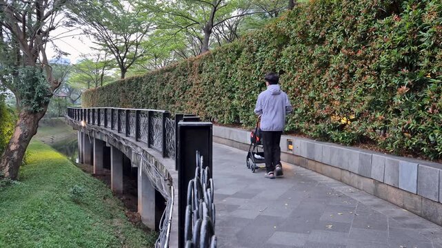 People walking on a scenic paved pathway in a lush green city park with dense hedges and tall trees.