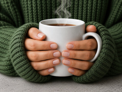 Close-up of a woman holding a steaming cup of coffee with both hands, wearing a cozy knitted sweater, natural nails, warm and inviting atmosphere, comforting hot drink, autumn-winter lifestyle concept