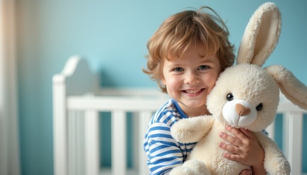 Young boy smiles, holding fluffy bunny toy. Child wears striped shirt, sits near crib. Happy kid enjoys comfort of favorite stuffed animal friend, feeling safe indoors.