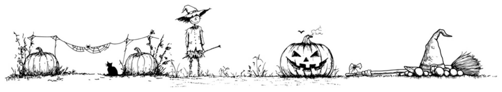 Halloween panoramic border with scarecrow black cat pumpkins and witch broom in vintage engraving style