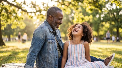 Fototapeta premium Grandfather and Granddaughter Laughing Together in Sunny Park with Warm Light