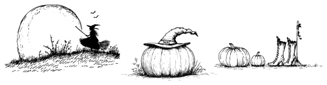 Witch flying over full moon and halloween pumpkins wearing witch hat in hand drawn style