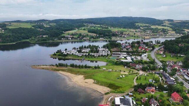 Aerial view of Grodek nad Dunajcem village at Roznow lake in Poland