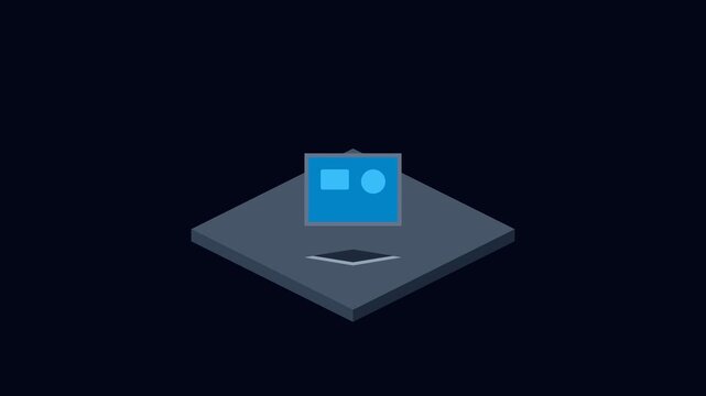 Minimalist isometric computer screen icon on a dark floating platform