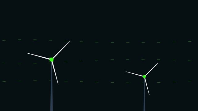 Minimalist graphic illustration of two wind turbines on a dark background