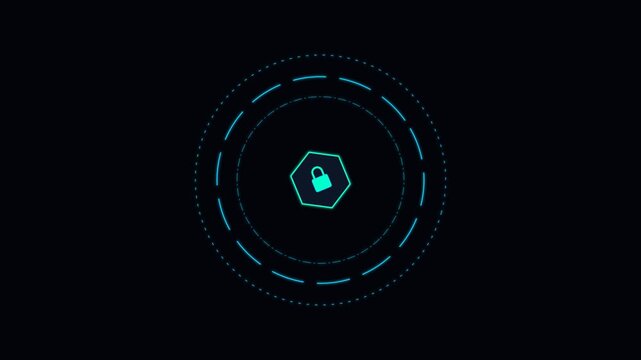 A glowing digital padlock icon centered within concentric circular rings