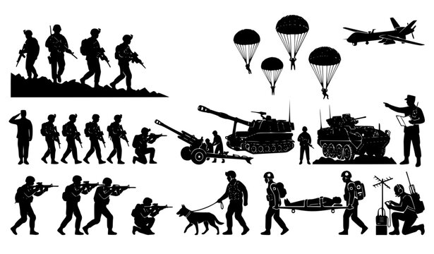 Military Combat Silhouette Set with Soldiers, Paratroopers, K9 Dog Unit, Medics with Stretcher, Artillery, and Field Communication Operators for War Vector Designs