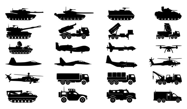Military Vehicles and Aircraft Silhouette Icon Set Featuring Tanks, Fighter Jets, Helicopters, Drones, Rocket Launchers, and Armored Trucks for War Graphic Designs