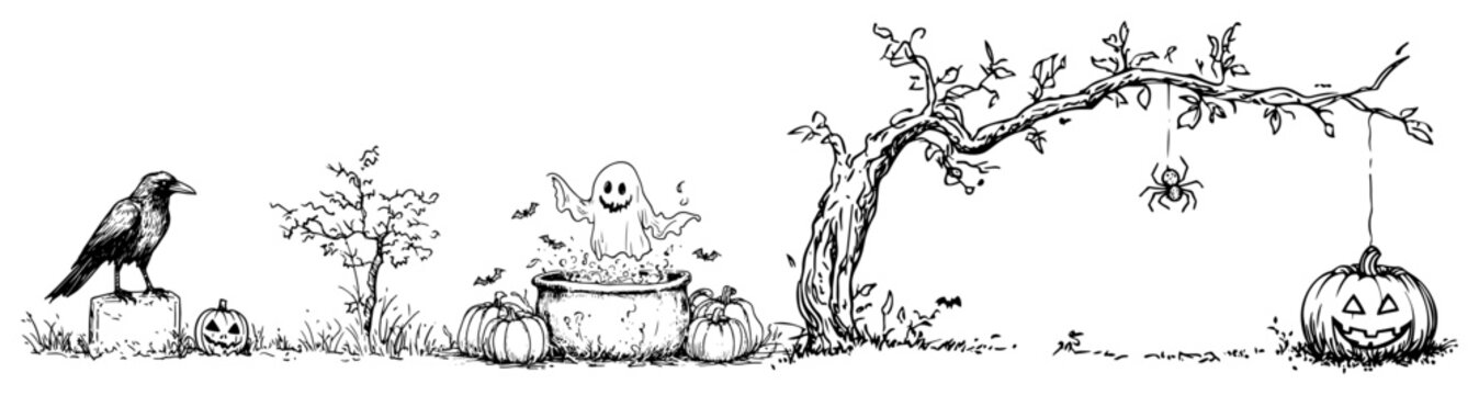 Halloween ghost in cauldron with raven and spooky tree in vintage sketch style
