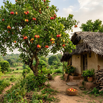 Colorful garden pathway leading to a rustic stone house.