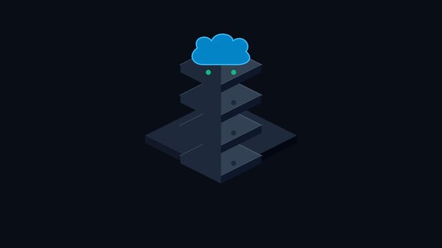 Isometric illustration of a server tower connected to a digital cloud icon
