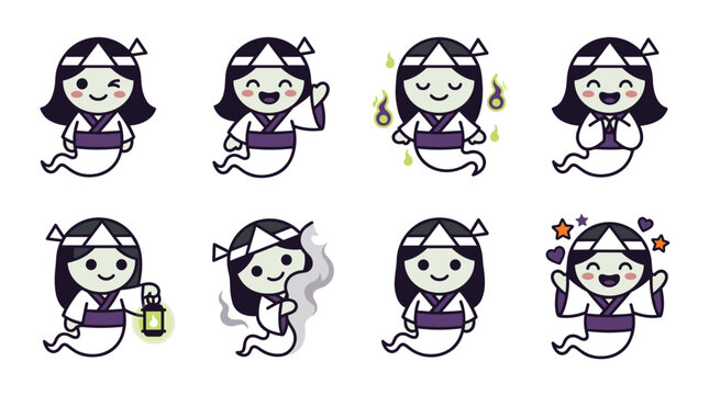 Set of cute pixel art ghosts with traditional Japanese clothing, expressing various emotions like joy, surprise, and celebration, perfect for Halloween or cultural themes