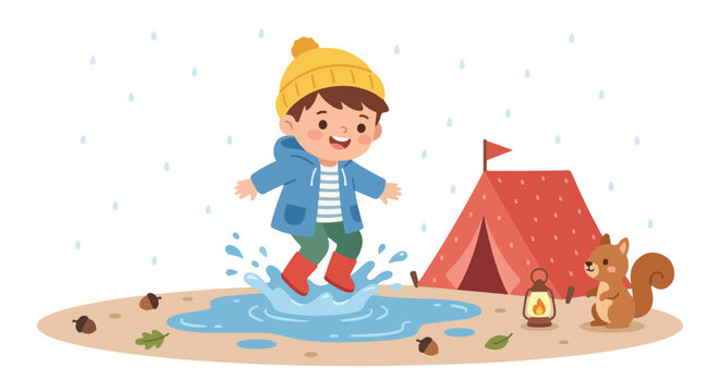 A joyful young boy wearing a blue raincoat and red boots jumps happily into a rain puddle next to a red tent and a cute squirrel in the woods.