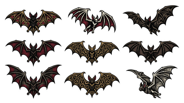 collection of pixel art bats in various poses and colors, gothic, halloween, spooky, fantasy, creature, winged mammal, illustration