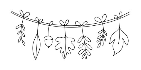 Hand drawn line art garland with various autumn leaves and an acorn hanging on a string for seasonal fall decoration and festive holiday party banner design Vector, illustration © Raj Creator