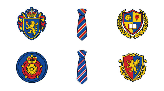 Collection of pixelated crests and ties, heraldic symbols and neckwear elements, school emblems and formal accessories, blue red yellow color palette, uniform elements