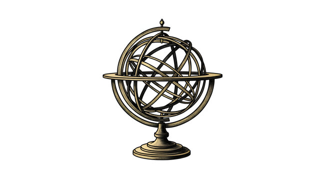Vintage armillary sphere illustration isolated on a white background. Antique brass celestial globe with circular rings and pedestal base, historical scientific astronomical instrument.