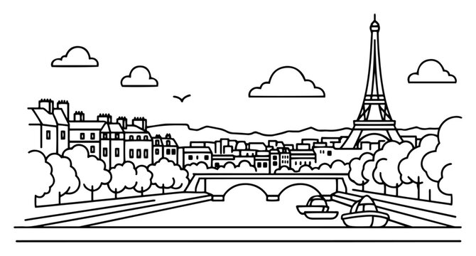 Paris France cityscape featuring the Eiffel Tower and Seine river bridge in clean linear outline style