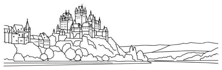 Cochem Imperial Castle overlooking the Moselle river valley and vineyards line art illustration © Logan