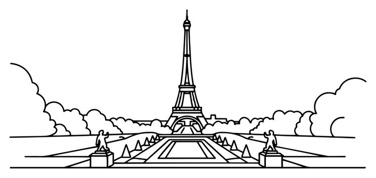 Eiffel Tower and Paris skyline with Trocadero gardens minimalist line art style