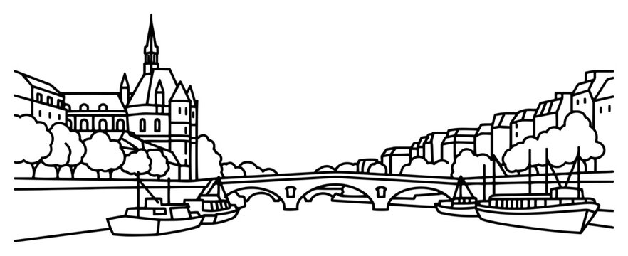 Conciergerie building and Pont Neuf bridge over the Seine river in Paris skyline line art style