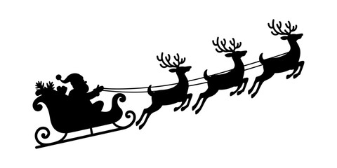 Black silhouette of santa claus flying in a sleigh pulled by three reindeer for christmas holiday celebration isolated on a clean plain white background Vector, illustration © Raj Creator