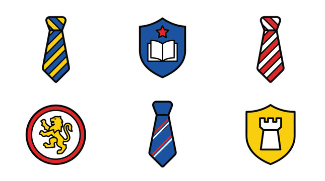 Set of necktie and shield icons, emblems and symbols representing education, achievement, and heraldry, ideal for badges or seals