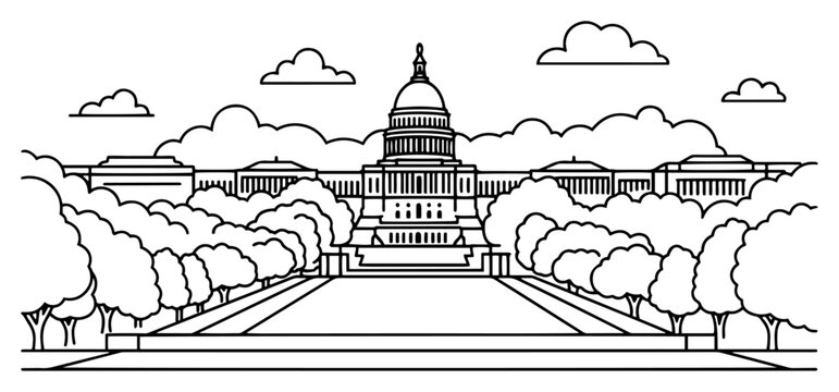United States Capitol Building Washington DC with park landscape in minimalist line art style