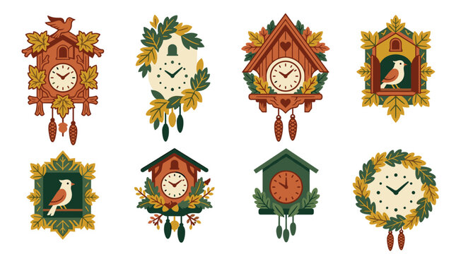 Set of pixel art cuckoo clocks with autumnal leaves and birds, decorative timepieces for rustic or vintage design elements