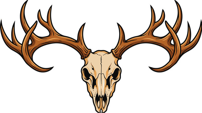 Stylized Deer Skull with Antlers Graphic Vector on White Background