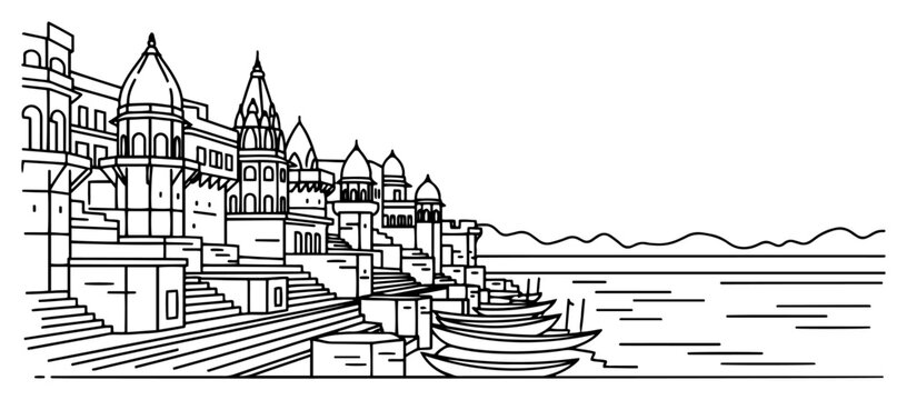 Varanasi Ghats and Ganges riverfront with boats and temples minimalist line art style