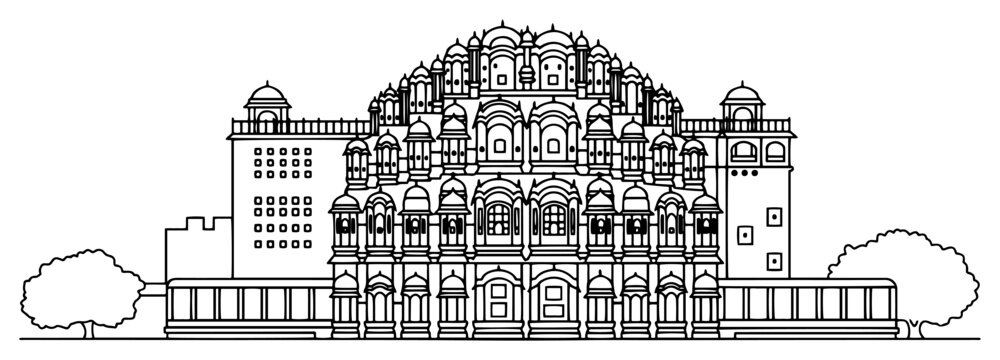 Hawa Mahal Palace of Winds in Jaipur with intricate facade minimalist line art style
