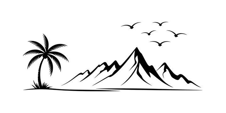 Black and white hand drawn sketch of a tropical palm tree with rocky mountains and flying birds in the sky for a simple artistic nature landscape design Vector, illustration