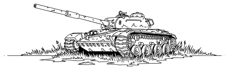 Heavy military tank on battlefield with grass in minimalist line art style © Logan