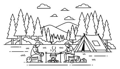 People camping in forest with tent and campfire in minimalist linear vector style © Logan