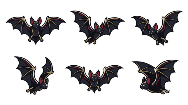 Set of six pixel art bats in flight, dark gray with red and gold accents, depicting different poses for animation or game assets