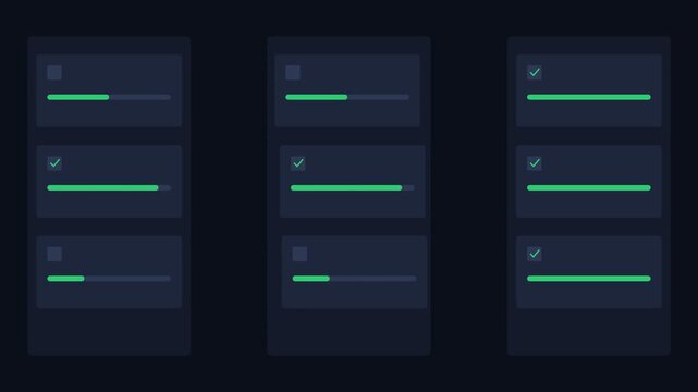 Minimalist dark interface design with progress bars and completion checkmarks