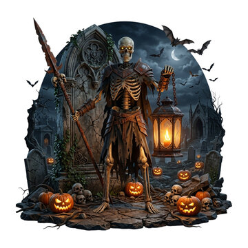 Undead Skeleton Guardian with Lantern and Spear