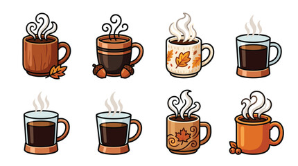 Obraz premium Collection of eight pixel art coffee mugs with steam, autumn leaves, acorns, and cozy warm beverages, digital illustration